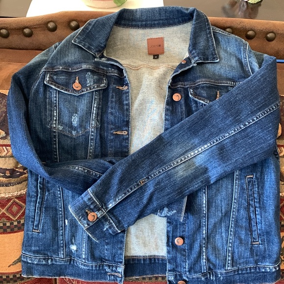 Joe Jean Distressed Jean Jacket Denim Dark Blue Brass Button Sz M - Picture 6 of 11
